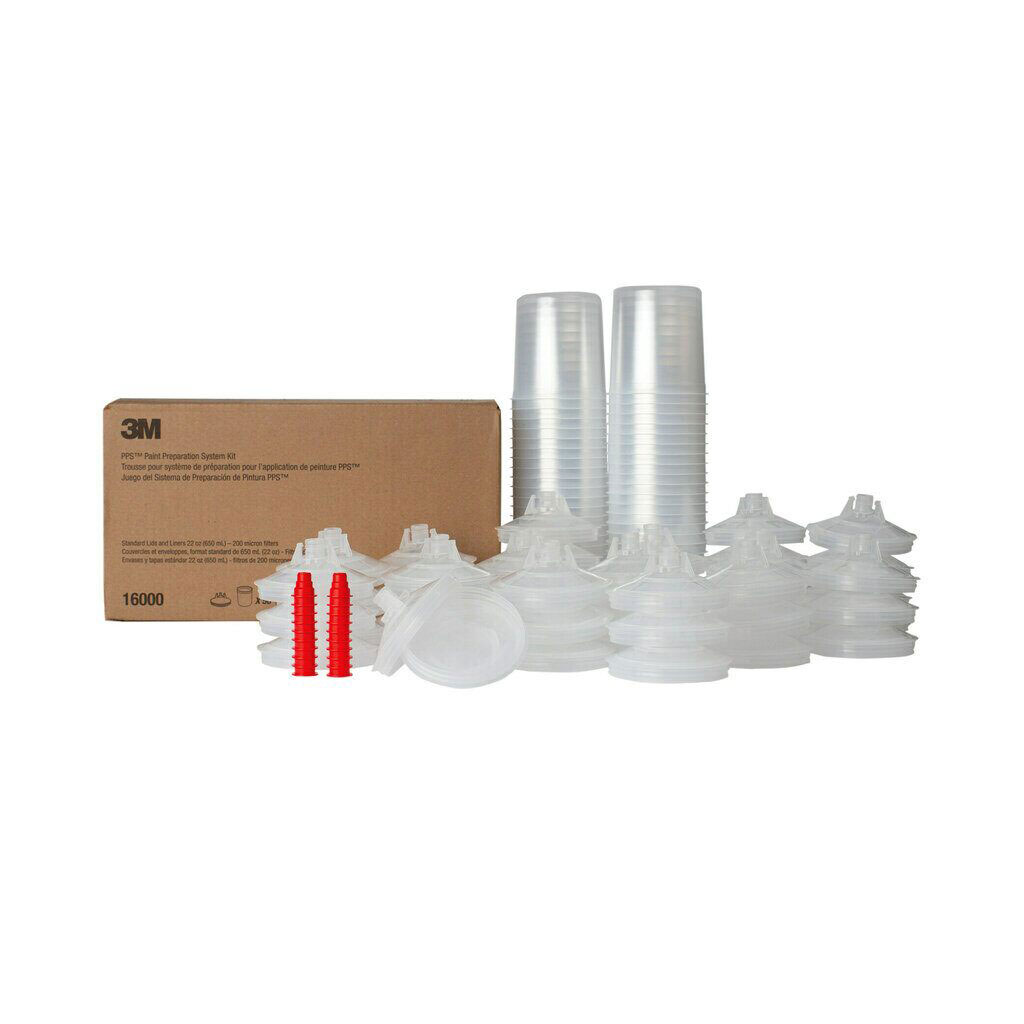 3M PPS 16000 Original Series Paint Spray Gun Cup Lids and Liners Kit, Standard, 22 oz., 200 Micron Filter, 50 Disposable Lids and Liners