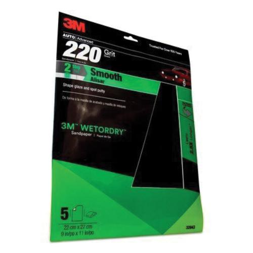 3M WetorDry 32043 Sandpaper, 9 in W x 11 in L, 220 Grit, Aluminum Oxide Abrasive, Black, Wet/Dry
