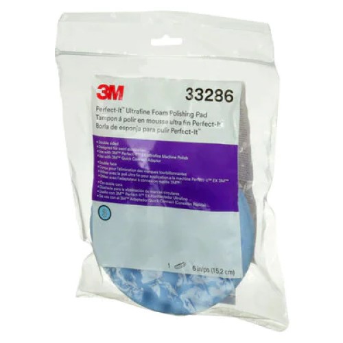 3M Perfect-It 33286 Double Sided Ultrafine Polishing Pad, 6 in Dia, Quick Connect Attachment, Foam Pad, Blue