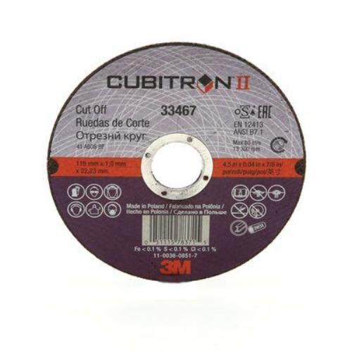 3M Cubitron II 33467 Type 1 Cut-Off Wheel, 4 in Dia x 0.04 in THK, 7/8 in Center Hole, Ceramic Abrasive, 25000 rpm, 5 Per Pack, 6 Boxes Per Case