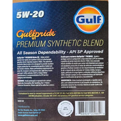 Lyden 330132-006 Gulfpride Premium Synthetic Blend 5W20 6 Gal Box.